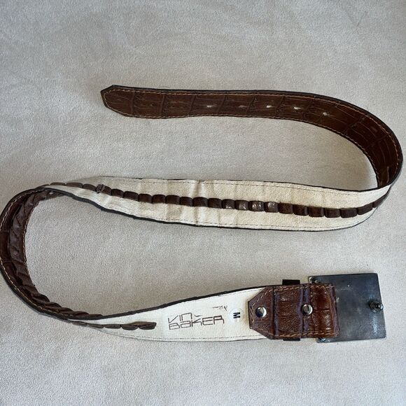 Vin Baker Vintage Crocodile Square Silver Buckle Brown Leather Belt Women Size M - Picture 11 of 16